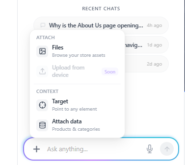 The + menu in the Buddy chat showing Files, Target, and Attach data options