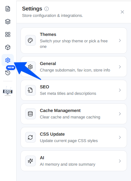 The Settings panel with Themes, General, SEO, Cache Management, CSS Update, and AI options