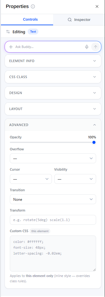 The Advanced section with opacity, overflow, transition, transform, and Custom CSS