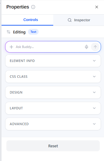 The Properties panel with Ask Buddy and the Element Info, CSS Class, Design, Layout, and Advanced sections