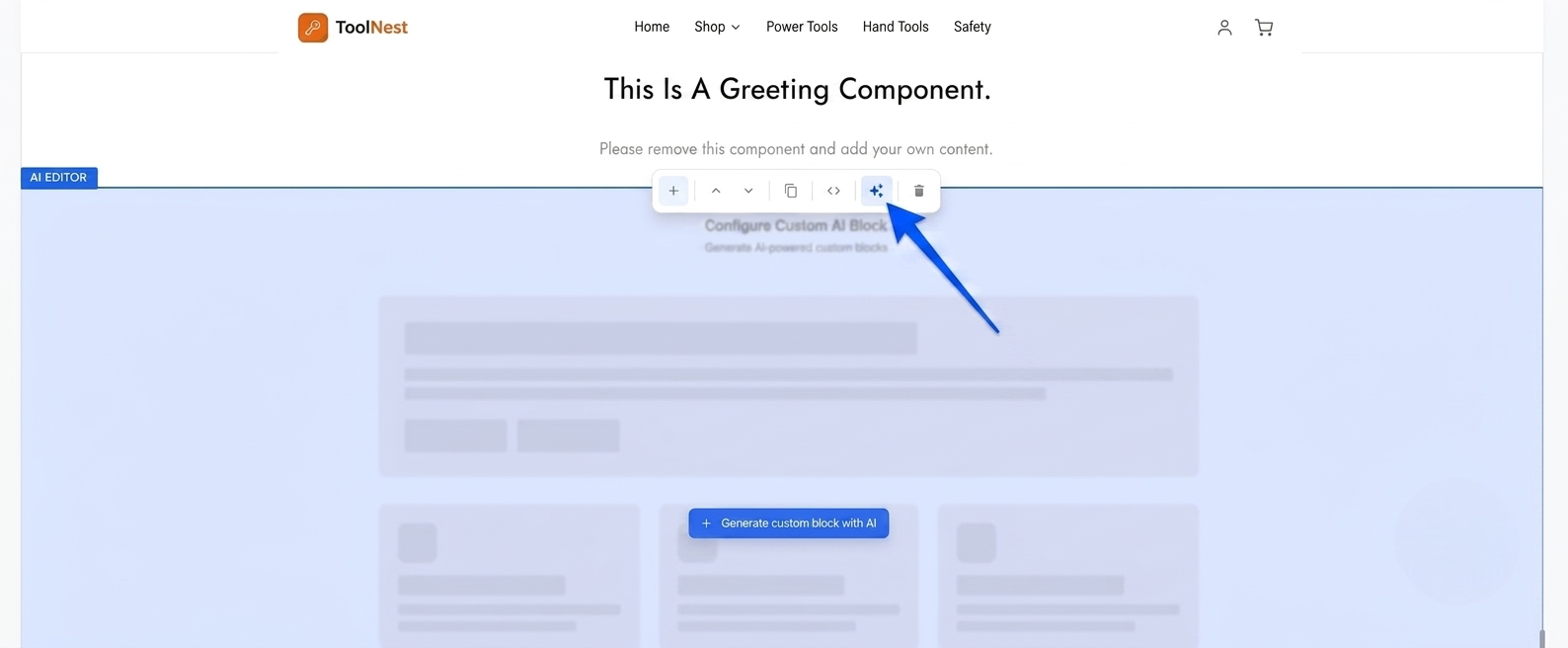 The AI Editor showing Configure Custom AI Block with the Generate custom block with AI button