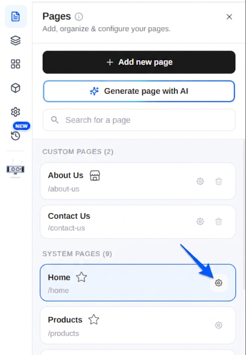 The Page settings for a System Page with General, SEO, and Visibility sections and the Update page button