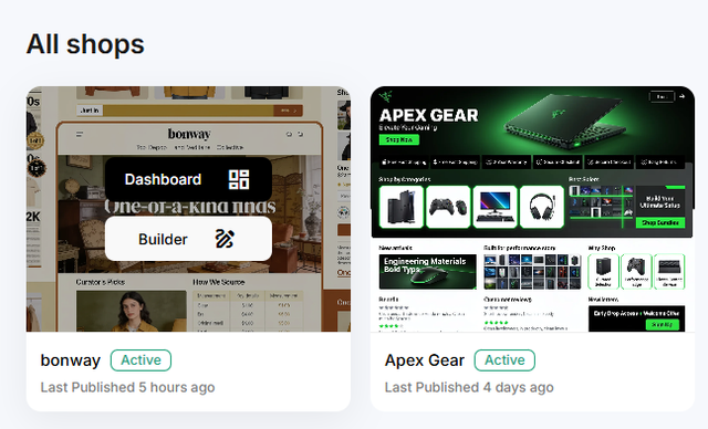 Hover over a shop card to reveal the Dashboard and Builder options